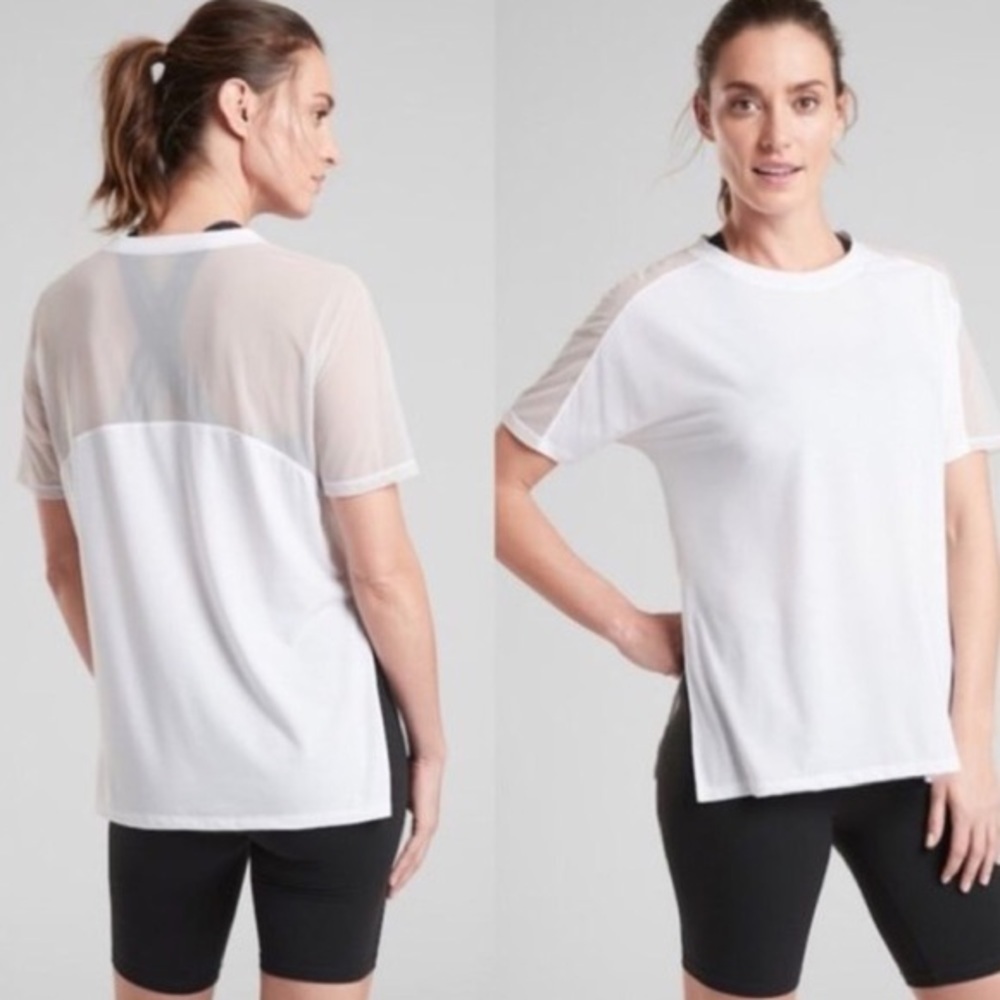 Athleta Wanderlust Essence Mesh Hybrid White Tee, Size XXS